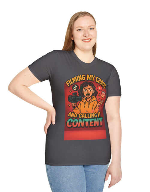 Load image into Gallery viewer, Filming My Chaos T-Shirt, Funny Graphic Tee, Unisex Softstyle Shirt, Content Creator Apparel, Gift for YouTuber, TikTok Lover
