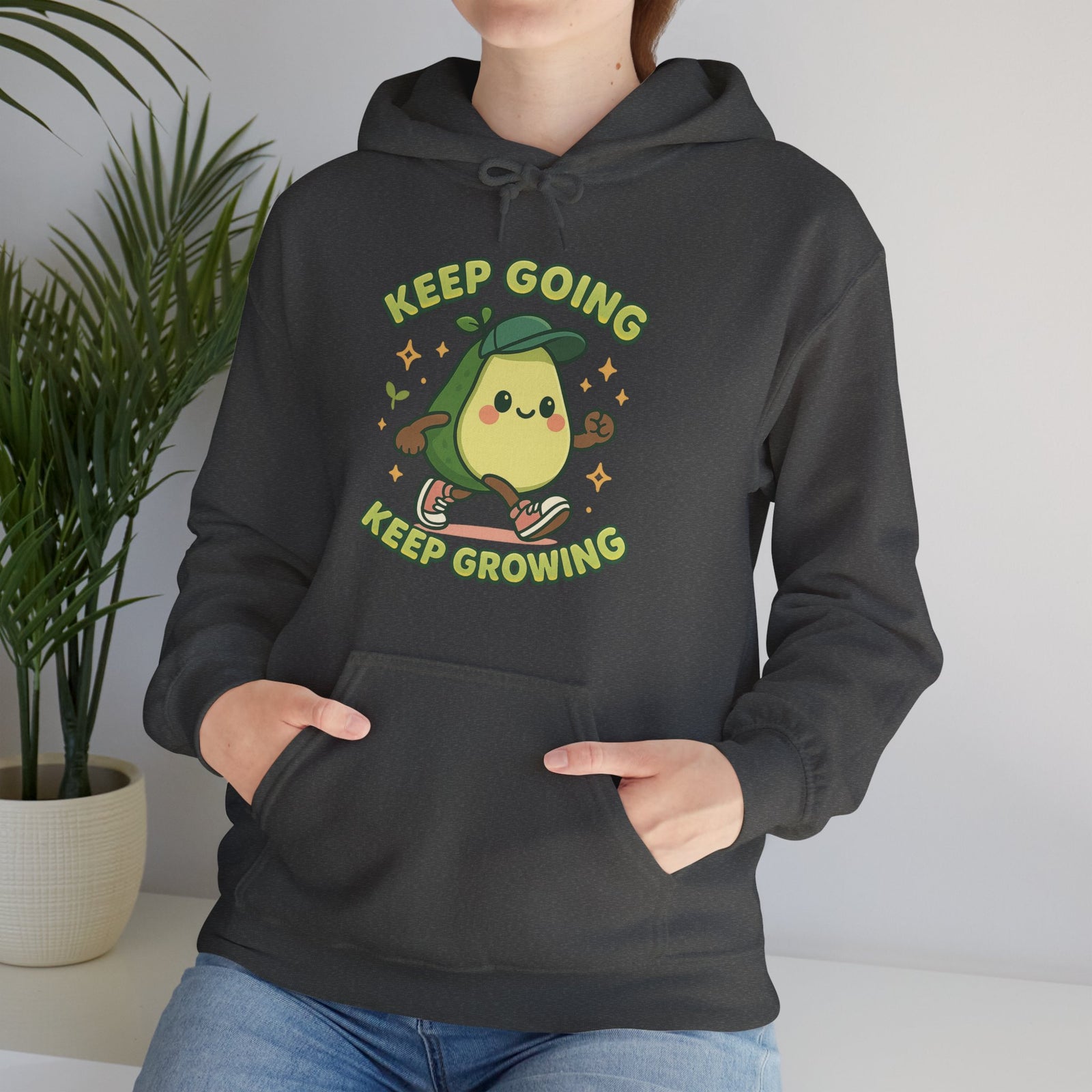 Cute Avocado Inspirational Hoodie - Keep Going, Keep Growing, Fall Fashion, Unique Gift, Comfy Sweatshirt, Cozy Apparel