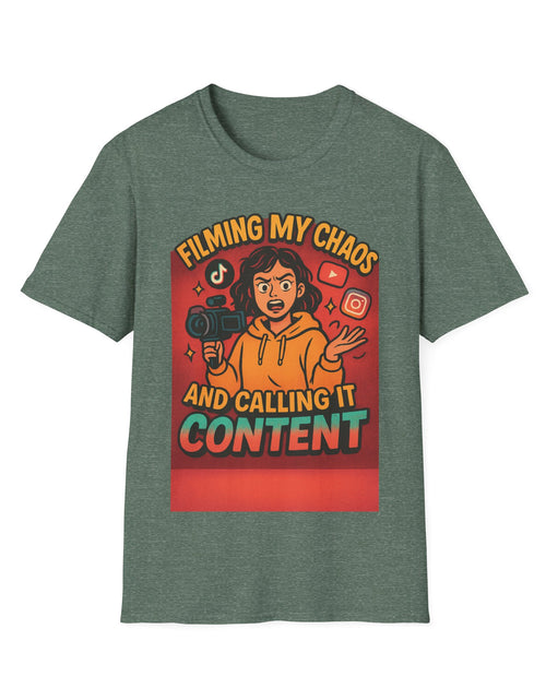 Load image into Gallery viewer, Filming My Chaos T-Shirt, Funny Graphic Tee, Unisex Softstyle Shirt, Content Creator Apparel, Gift for YouTuber, TikTok Lover
