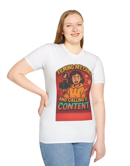Load image into Gallery viewer, Filming My Chaos T-Shirt, Funny Graphic Tee, Unisex Softstyle Shirt, Content Creator Apparel, Gift for YouTuber, TikTok Lover

