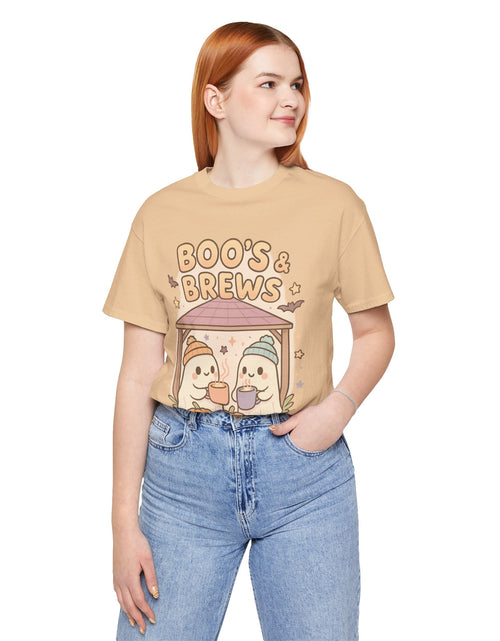 Load image into Gallery viewer, Boo&#39;s &amp; Brews Unisex Tee, Halloween Shirt, Cute Ghost Tee, Fall Fashion, Pumpkin Lovers Gift
