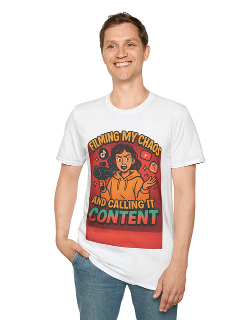 Load image into Gallery viewer, Filming My Chaos T-Shirt, Funny Graphic Tee, Unisex Softstyle Shirt, Content Creator Apparel, Gift for YouTuber, TikTok Lover
