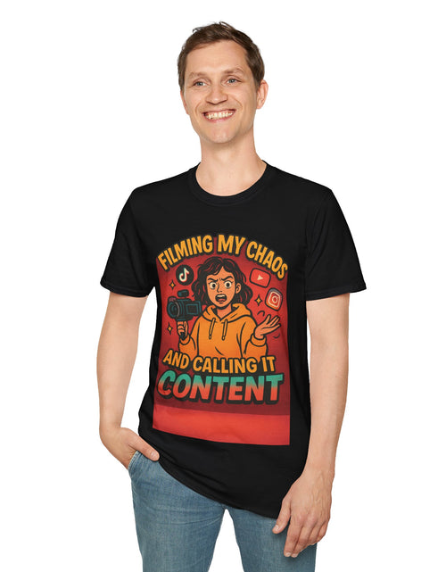 Load image into Gallery viewer, Filming My Chaos T-Shirt, Funny Graphic Tee, Unisex Softstyle Shirt, Content Creator Apparel, Gift for YouTuber, TikTok Lover
