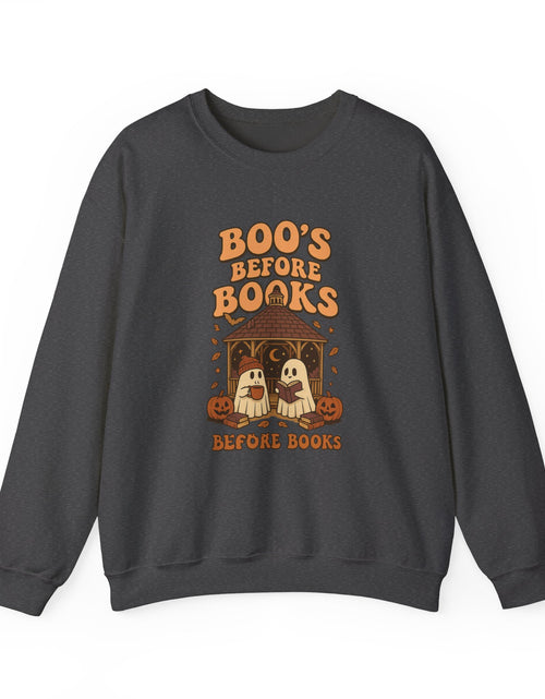 Load image into Gallery viewer, Boo&#39;s Before Books Sweatshirt | Cozy Fall Crewneck for Book Lovers, Halloween Gift, Unisex Sweatshirt, Casual Fall Style, Reading [...]
