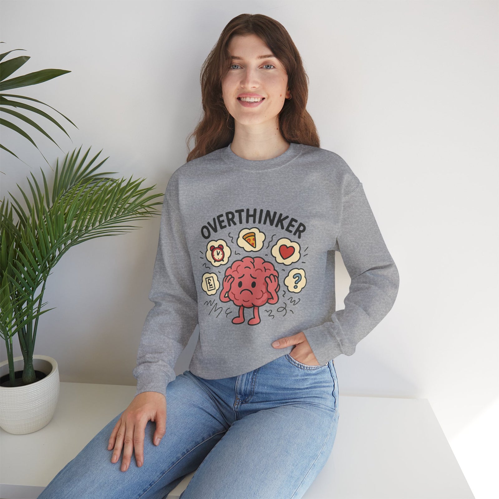 Funny Overthinker Crewneck Sweatshirt for Comfort and Humor, Perfect for Gift Giving, Casual Wear, Cozy Nights, and Brainy Friends