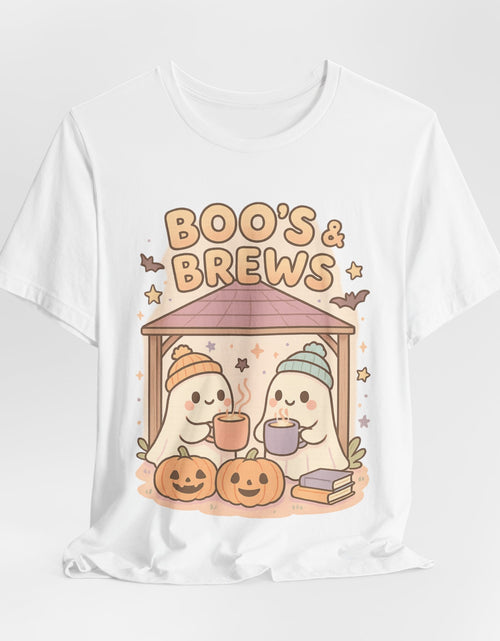 Load image into Gallery viewer, Boo&#39;s &amp; Brews Unisex Tee, Halloween Shirt, Cute Ghost Tee, Fall Fashion, Pumpkin Lovers Gift

