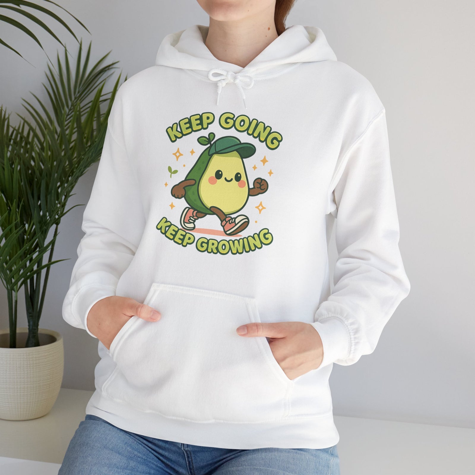 Cute Avocado Inspirational Hoodie - Keep Going, Keep Growing, Fall Fashion, Unique Gift, Comfy Sweatshirt, Cozy Apparel