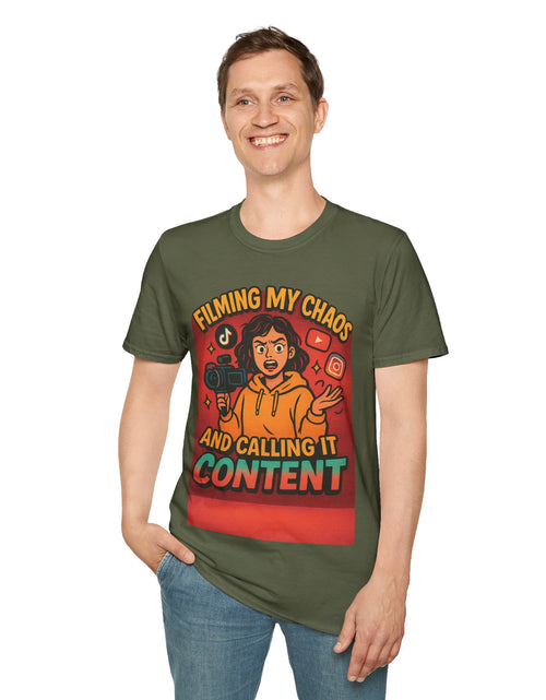 Load image into Gallery viewer, Filming My Chaos T-Shirt, Funny Graphic Tee, Unisex Softstyle Shirt, Content Creator Apparel, Gift for YouTuber, TikTok Lover

