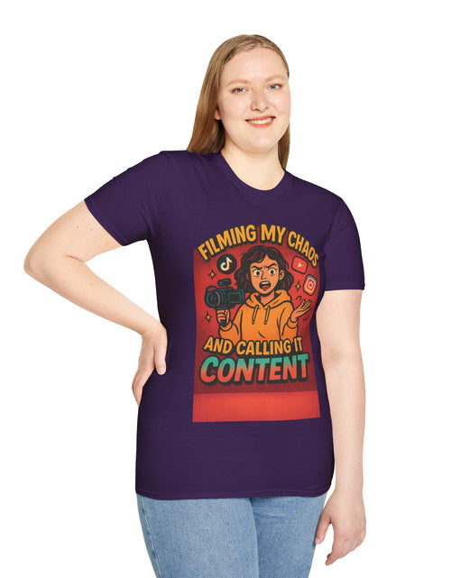 Load image into Gallery viewer, Filming My Chaos T-Shirt, Funny Graphic Tee, Unisex Softstyle Shirt, Content Creator Apparel, Gift for YouTuber, TikTok Lover
