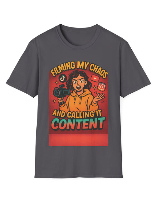 Load image into Gallery viewer, Filming My Chaos T-Shirt, Funny Graphic Tee, Unisex Softstyle Shirt, Content Creator Apparel, Gift for YouTuber, TikTok Lover
