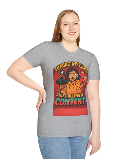 Load image into Gallery viewer, Filming My Chaos T-Shirt, Funny Graphic Tee, Unisex Softstyle Shirt, Content Creator Apparel, Gift for YouTuber, TikTok Lover
