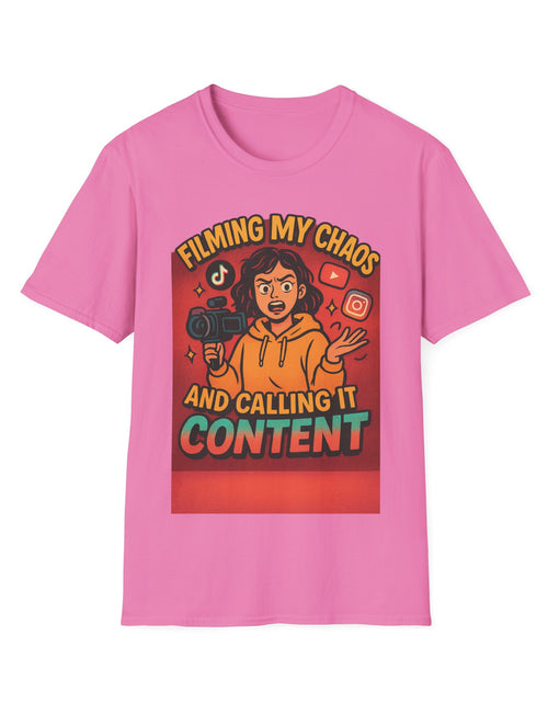 Load image into Gallery viewer, Filming My Chaos T-Shirt, Funny Graphic Tee, Unisex Softstyle Shirt, Content Creator Apparel, Gift for YouTuber, TikTok Lover
