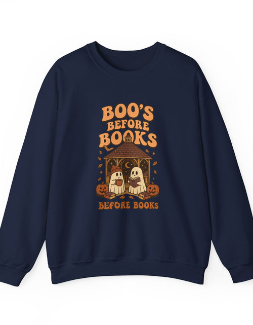 Load image into Gallery viewer, Boo&#39;s Before Books Sweatshirt | Cozy Fall Crewneck for Book Lovers, Halloween Gift, Unisex Sweatshirt, Casual Fall Style, Reading [...]
