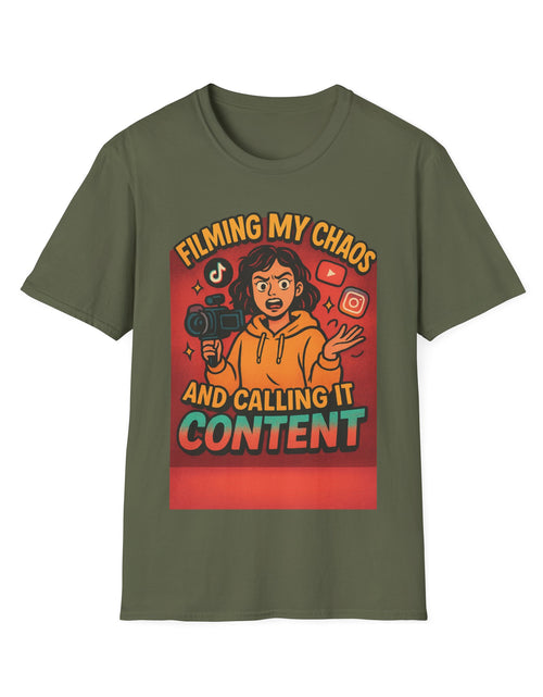 Load image into Gallery viewer, Filming My Chaos T-Shirt, Funny Graphic Tee, Unisex Softstyle Shirt, Content Creator Apparel, Gift for YouTuber, TikTok Lover
