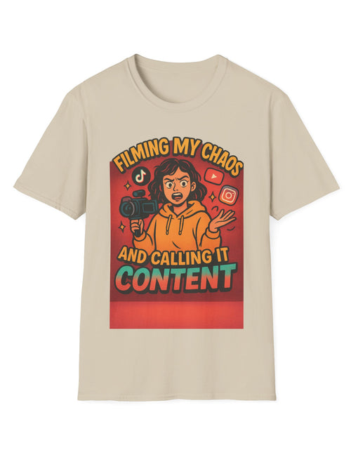 Load image into Gallery viewer, Filming My Chaos T-Shirt, Funny Graphic Tee, Unisex Softstyle Shirt, Content Creator Apparel, Gift for YouTuber, TikTok Lover
