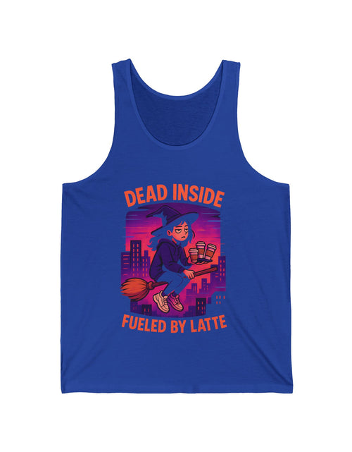 Load image into Gallery viewer, Dead Inside Fueled by Latte Unisex Jersey Tank, Funny Graphic Tank Top, Casual Wear, Gift for Coffee Lovers, Summer Essential
