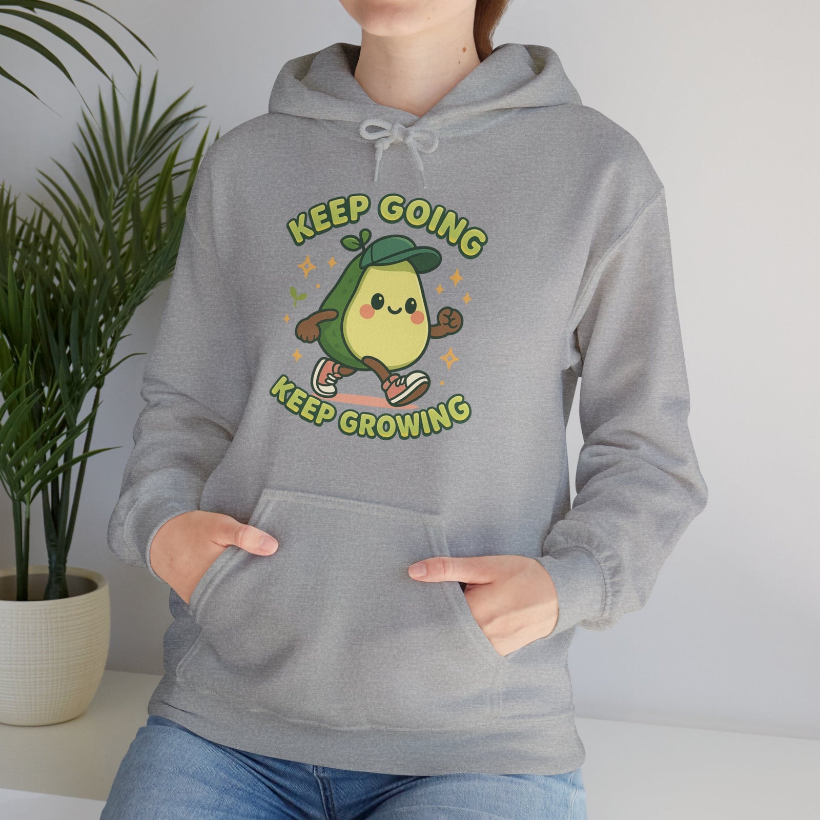 Cute Avocado Inspirational Hoodie - Keep Going, Keep Growing, Fall Fashion, Unique Gift, Comfy Sweatshirt, Cozy Apparel