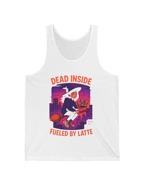 Load image into Gallery viewer, Dead Inside Fueled by Latte Unisex Jersey Tank, Funny Graphic Tank Top, Casual Wear, Gift for Coffee Lovers, Summer Essential
