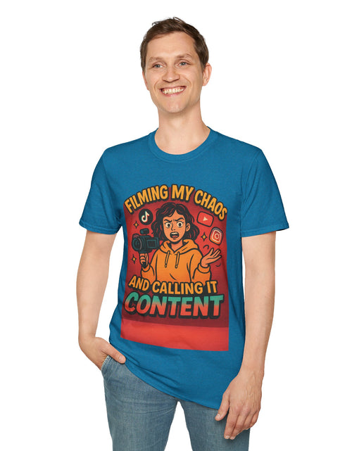 Load image into Gallery viewer, Filming My Chaos T-Shirt, Funny Graphic Tee, Unisex Softstyle Shirt, Content Creator Apparel, Gift for YouTuber, TikTok Lover
