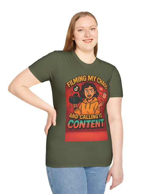 Load image into Gallery viewer, Filming My Chaos T-Shirt, Funny Graphic Tee, Unisex Softstyle Shirt, Content Creator Apparel, Gift for YouTuber, TikTok Lover
