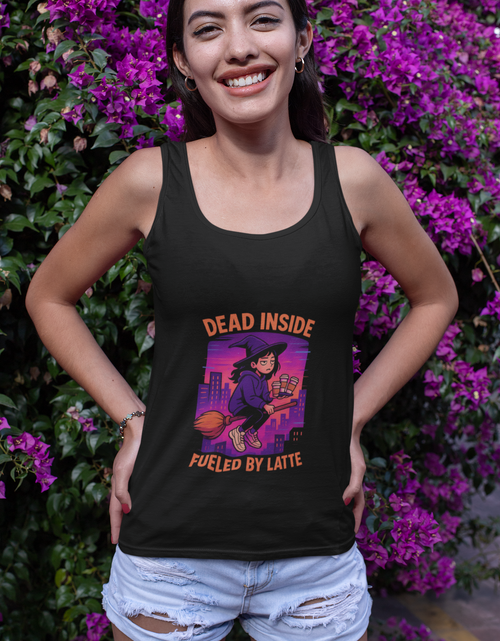 Load image into Gallery viewer, Dead Inside Fueled by Latte Unisex Jersey Tank, Funny Graphic Tank Top, Casual Wear, Gift for Coffee Lovers, Summer Essential
