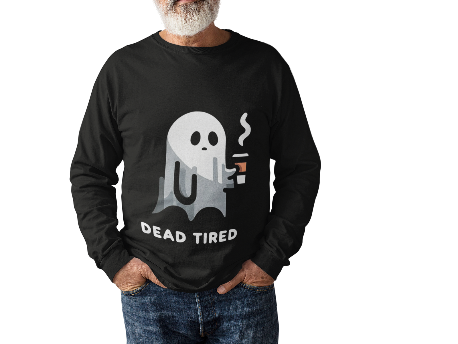 Dead Tired Ghost Long Sleeve Tee, Halloween Shirt, Funny Ghost Top, Unisex Casual Wear, Gift for Spooky Season, Cozy Cotton Tee
