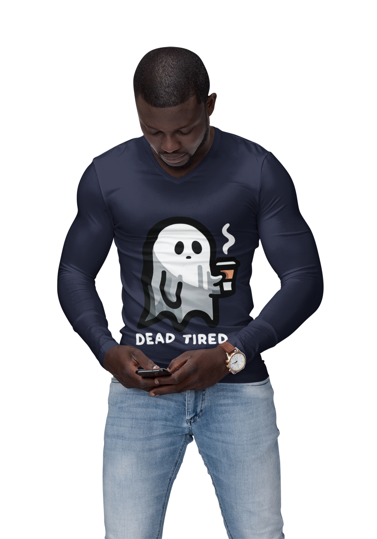 Dead Tired Ghost Long Sleeve Tee, Halloween Shirt, Funny Ghost Top, Unisex Casual Wear, Gift for Spooky Season, Cozy Cotton Tee