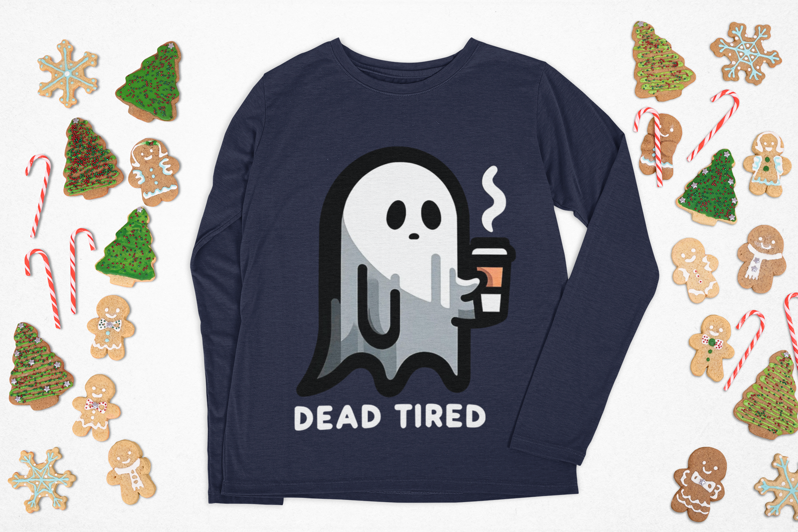Dead Tired Ghost Long Sleeve Tee, Halloween Shirt, Funny Ghost Top, Unisex Casual Wear, Gift for Spooky Season, Cozy Cotton Tee