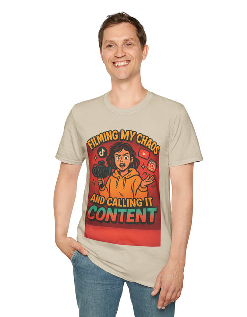Load image into Gallery viewer, Filming My Chaos T-Shirt, Funny Graphic Tee, Unisex Softstyle Shirt, Content Creator Apparel, Gift for YouTuber, TikTok Lover
