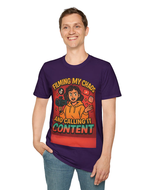 Load image into Gallery viewer, Filming My Chaos T-Shirt, Funny Graphic Tee, Unisex Softstyle Shirt, Content Creator Apparel, Gift for YouTuber, TikTok Lover
