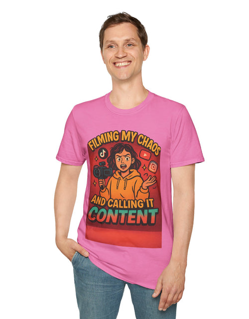 Load image into Gallery viewer, Filming My Chaos T-Shirt, Funny Graphic Tee, Unisex Softstyle Shirt, Content Creator Apparel, Gift for YouTuber, TikTok Lover
