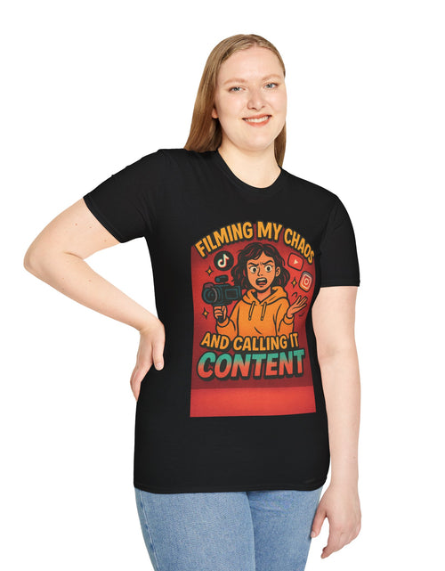 Load image into Gallery viewer, Filming My Chaos T-Shirt, Funny Graphic Tee, Unisex Softstyle Shirt, Content Creator Apparel, Gift for YouTuber, TikTok Lover
