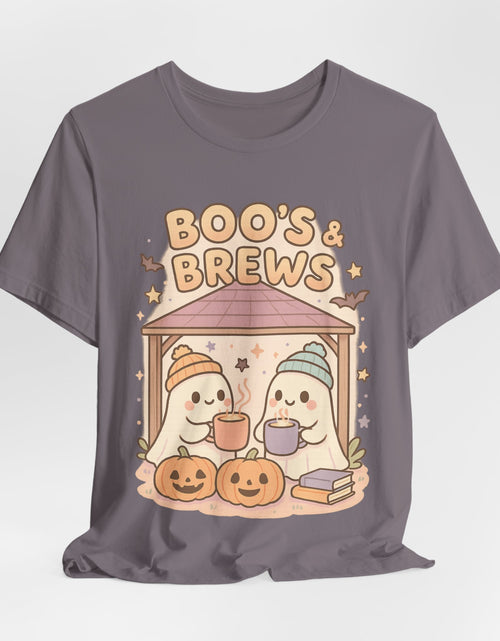 Load image into Gallery viewer, Boo&#39;s &amp; Brews Unisex Tee, Halloween Shirt, Cute Ghost Tee, Fall Fashion, Pumpkin Lovers Gift
