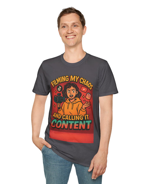 Load image into Gallery viewer, Filming My Chaos T-Shirt, Funny Graphic Tee, Unisex Softstyle Shirt, Content Creator Apparel, Gift for YouTuber, TikTok Lover
