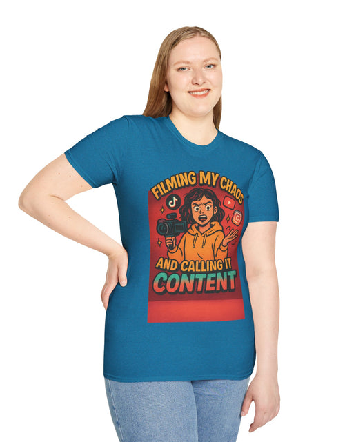 Load image into Gallery viewer, Filming My Chaos T-Shirt, Funny Graphic Tee, Unisex Softstyle Shirt, Content Creator Apparel, Gift for YouTuber, TikTok Lover
