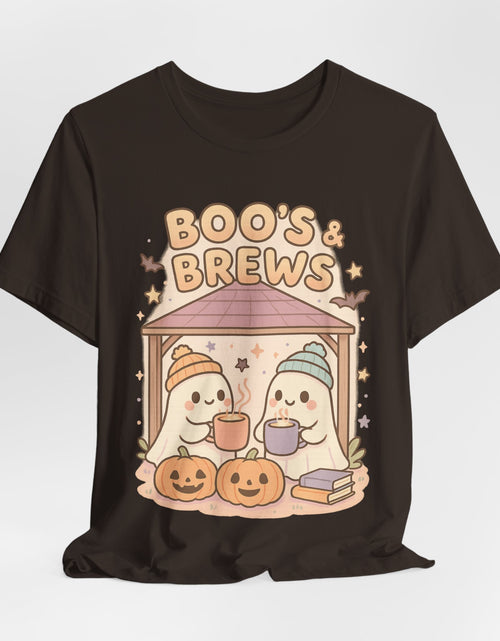 Load image into Gallery viewer, Boo&#39;s &amp; Brews Unisex Tee, Halloween Shirt, Cute Ghost Tee, Fall Fashion, Pumpkin Lovers Gift
