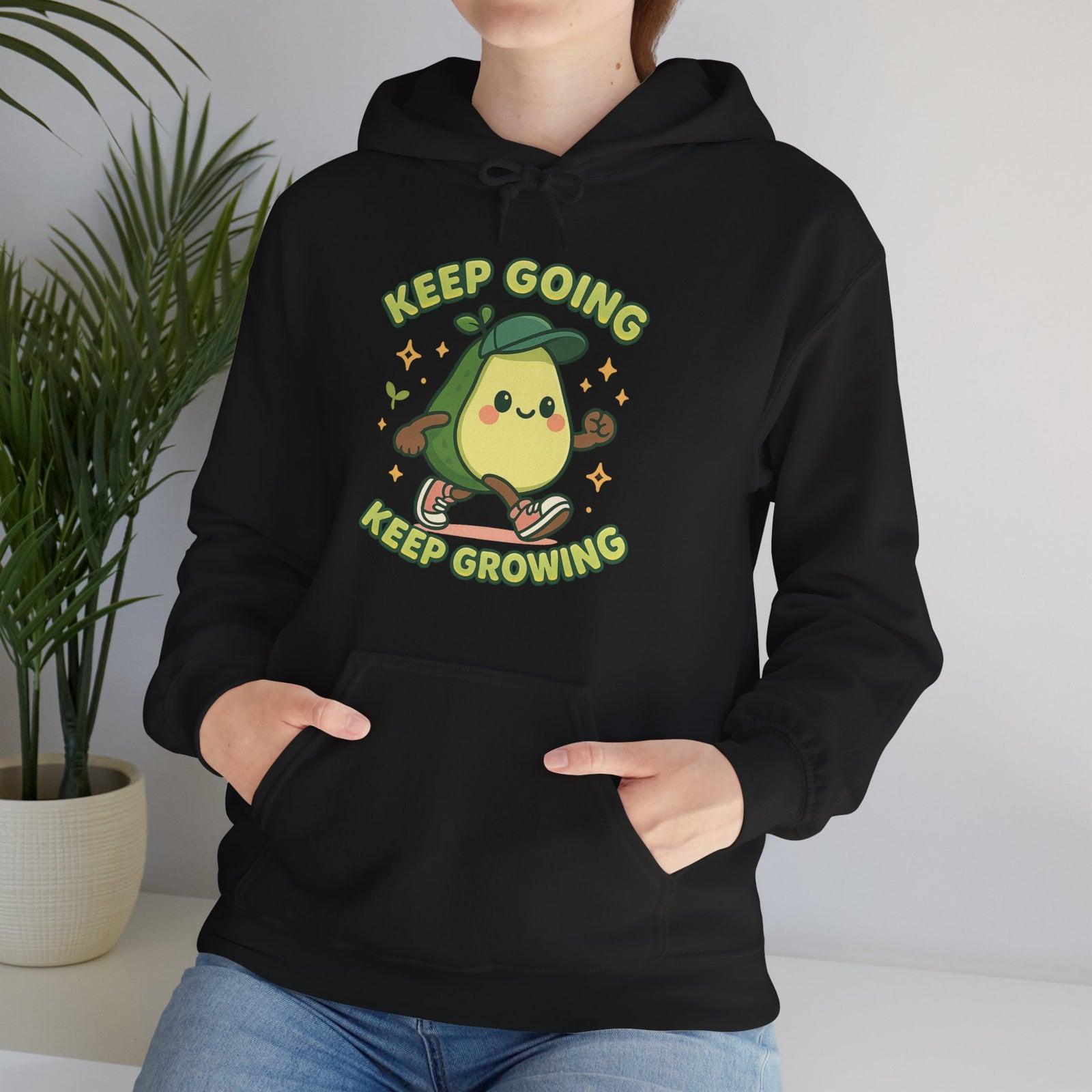 Cute Avocado Inspirational Hoodie - Keep Going, Keep Growing, Fall Fashion, Unique Gift, Comfy Sweatshirt, Cozy Apparel