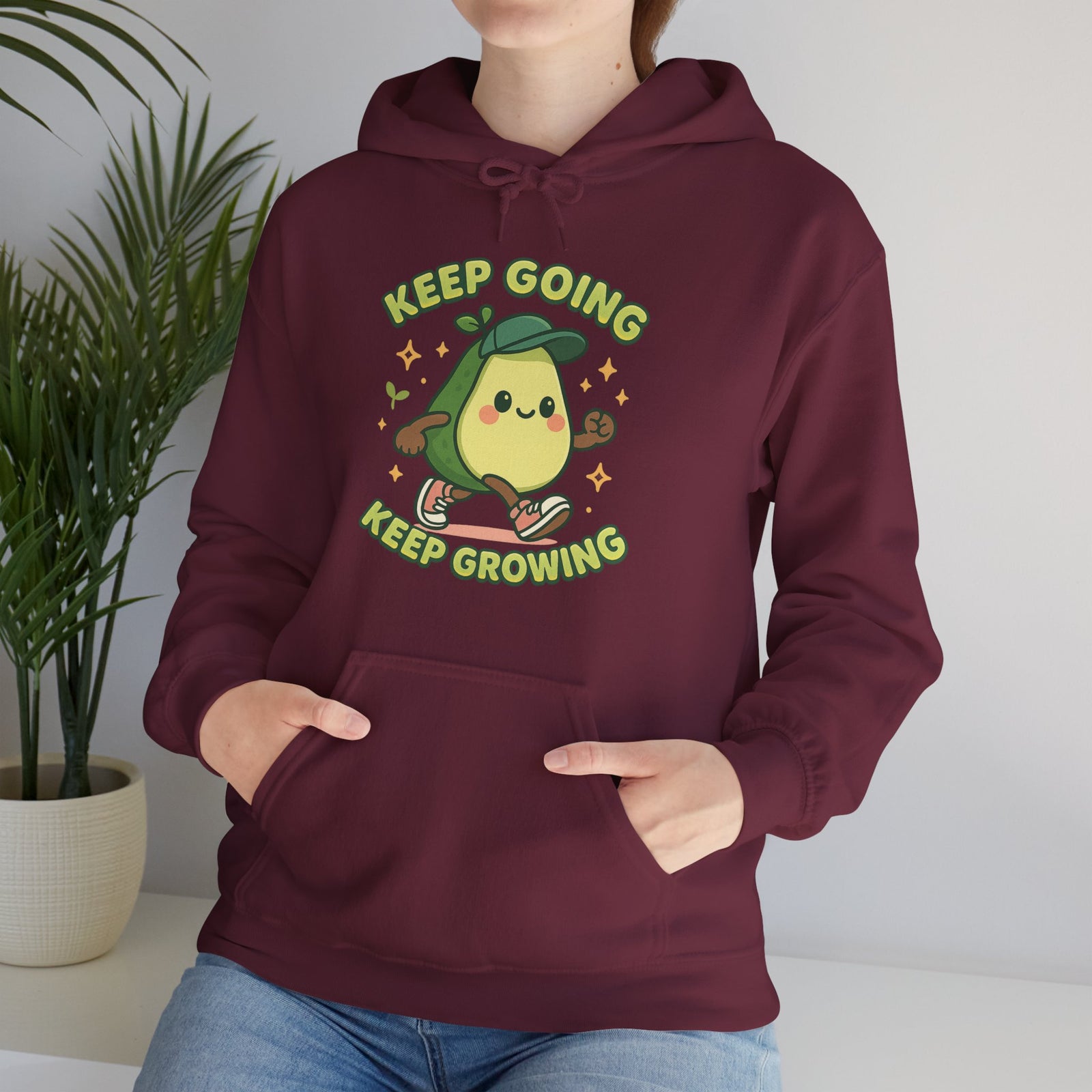 Cute Avocado Inspirational Hoodie - Keep Going, Keep Growing, Fall Fashion, Unique Gift, Comfy Sweatshirt, Cozy Apparel