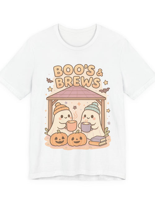 Load image into Gallery viewer, Boo&#39;s &amp; Brews Unisex Tee, Halloween Shirt, Cute Ghost Tee, Fall Fashion, Pumpkin Lovers Gift
