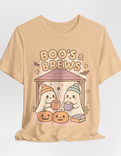 Load image into Gallery viewer, Boo&#39;s &amp; Brews Unisex Tee, Halloween Shirt, Cute Ghost Tee, Fall Fashion, Pumpkin Lovers Gift

