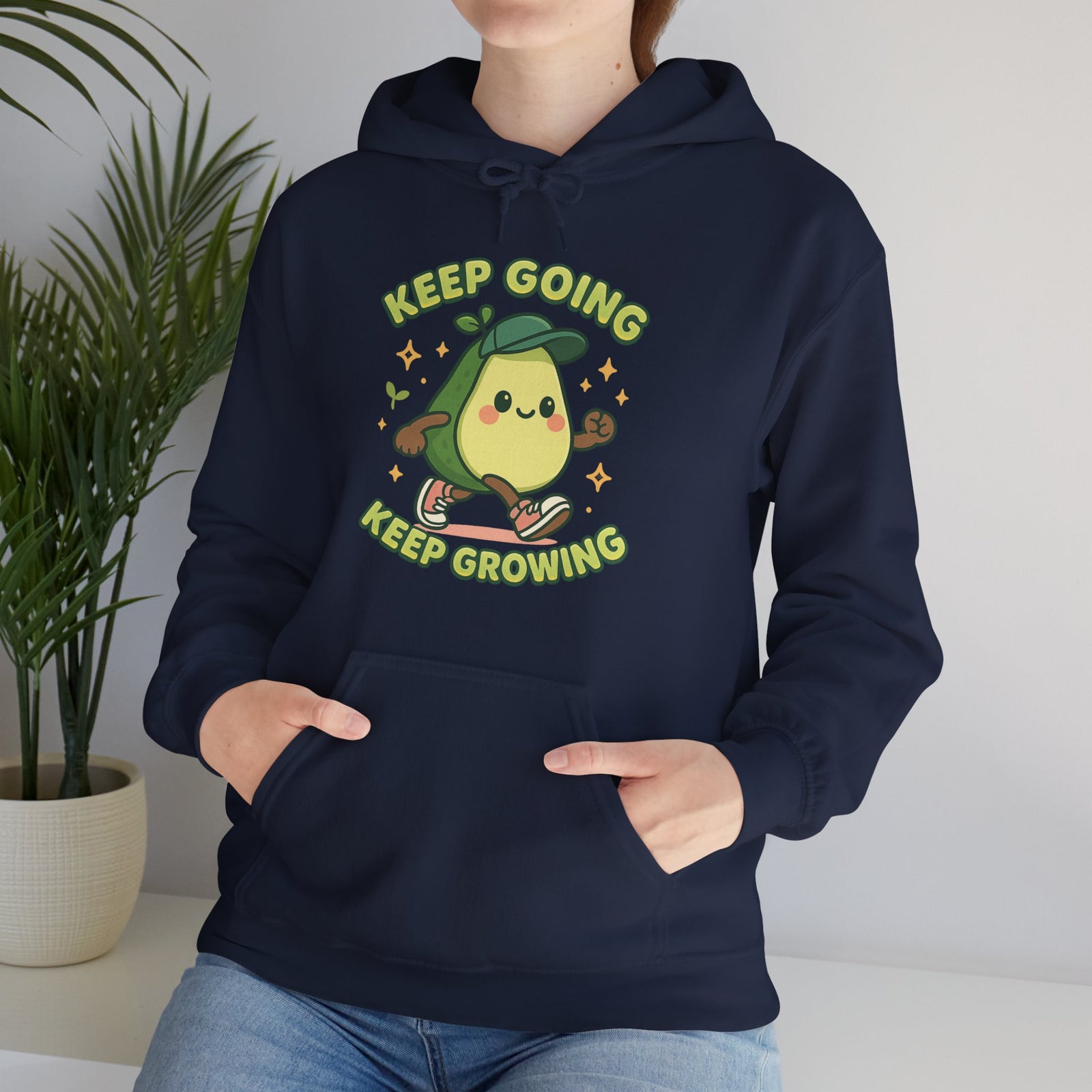 Cute Avocado Inspirational Hoodie - Keep Going, Keep Growing, Fall Fashion, Unique Gift, Comfy Sweatshirt, Cozy Apparel