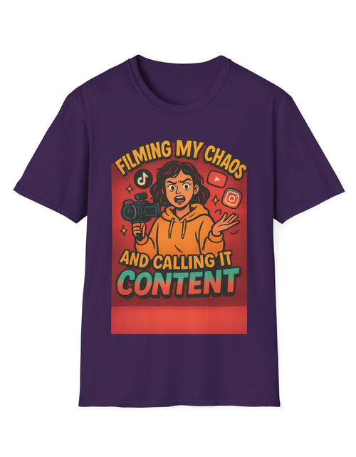 Load image into Gallery viewer, Filming My Chaos T-Shirt, Funny Graphic Tee, Unisex Softstyle Shirt, Content Creator Apparel, Gift for YouTuber, TikTok Lover
