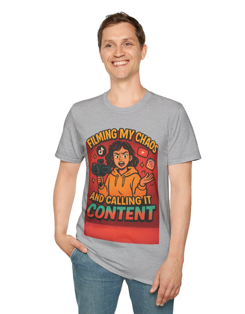 Load image into Gallery viewer, Filming My Chaos T-Shirt, Funny Graphic Tee, Unisex Softstyle Shirt, Content Creator Apparel, Gift for YouTuber, TikTok Lover

