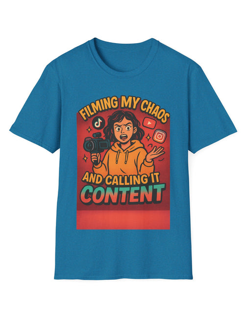 Load image into Gallery viewer, Filming My Chaos T-Shirt, Funny Graphic Tee, Unisex Softstyle Shirt, Content Creator Apparel, Gift for YouTuber, TikTok Lover
