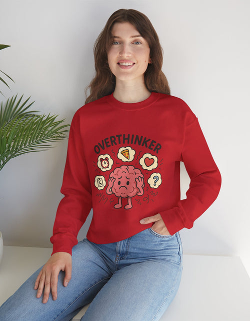 Load image into Gallery viewer, Funny Overthinker Crewneck Sweatshirt for Comfort and Humor, Perfect for Gift Giving, Casual Wear, Cozy Nights, and Brainy Friends
