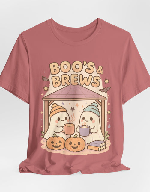 Load image into Gallery viewer, Boo&#39;s &amp; Brews Unisex Tee, Halloween Shirt, Cute Ghost Tee, Fall Fashion, Pumpkin Lovers Gift
