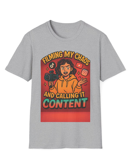 Load image into Gallery viewer, Filming My Chaos T-Shirt, Funny Graphic Tee, Unisex Softstyle Shirt, Content Creator Apparel, Gift for YouTuber, TikTok Lover
