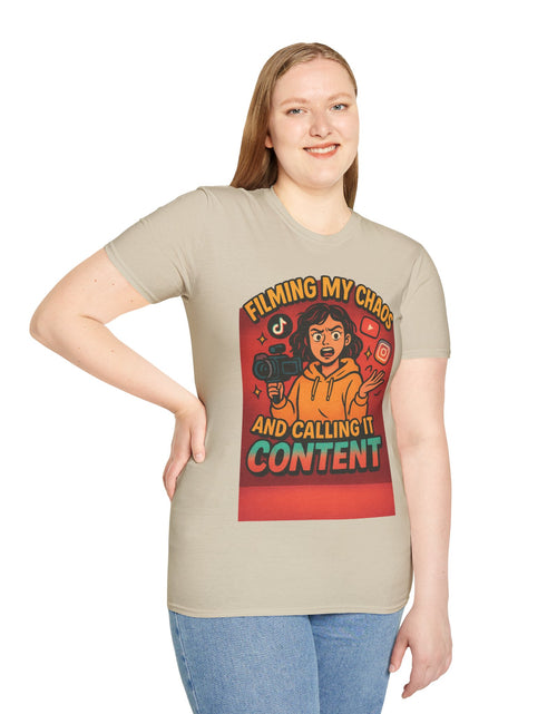 Load image into Gallery viewer, Filming My Chaos T-Shirt, Funny Graphic Tee, Unisex Softstyle Shirt, Content Creator Apparel, Gift for YouTuber, TikTok Lover
