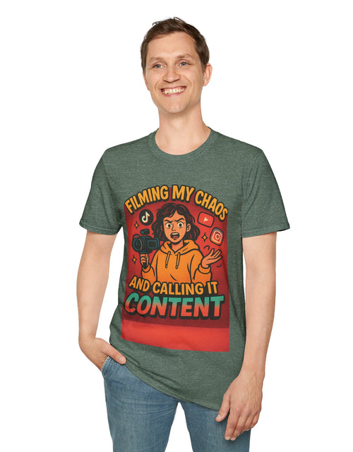 Load image into Gallery viewer, Filming My Chaos T-Shirt, Funny Graphic Tee, Unisex Softstyle Shirt, Content Creator Apparel, Gift for YouTuber, TikTok Lover
