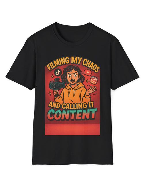 Load image into Gallery viewer, Filming My Chaos T-Shirt, Funny Graphic Tee, Unisex Softstyle Shirt, Content Creator Apparel, Gift for YouTuber, TikTok Lover
